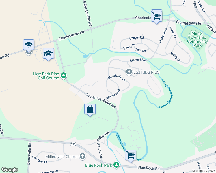 map of restaurants, bars, coffee shops, grocery stores, and more near 1085 Monticello Lane in Lancaster