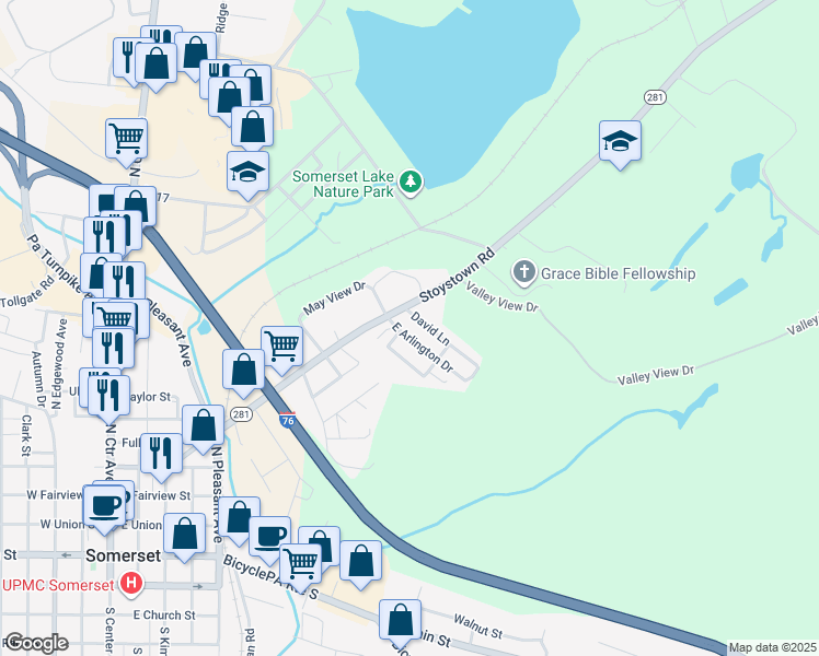 map of restaurants, bars, coffee shops, grocery stores, and more near 117 David Lane in Somerset