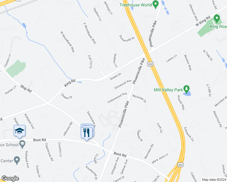 map of restaurants, bars, coffee shops, grocery stores, and more near 1002 Elmwood Avenue in West Chester