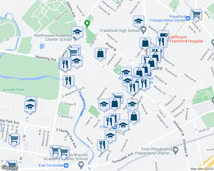map of restaurants, bars, coffee shops, grocery stores, and more near 4440 Elizabeth Street in Philadelphia