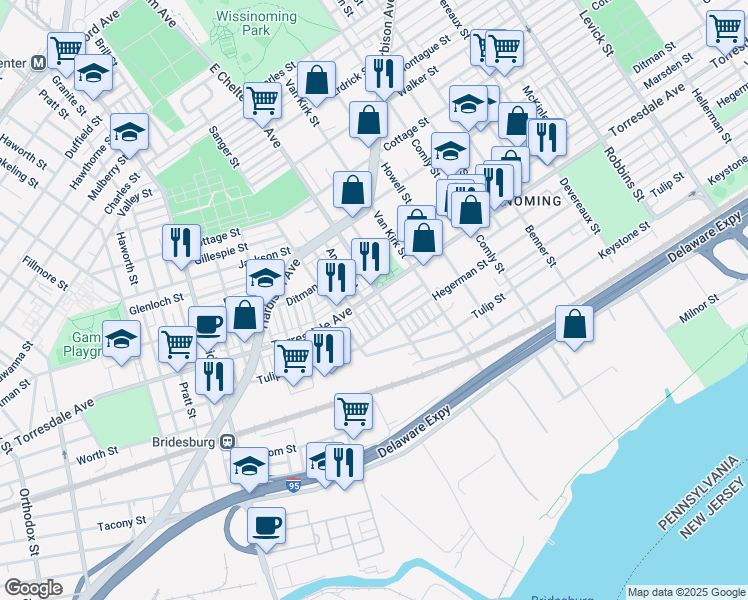 map of restaurants, bars, coffee shops, grocery stores, and more near 5553 Torresdale Avenue in Philadelphia