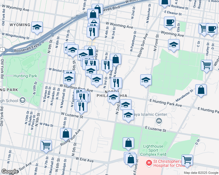 map of restaurants, bars, coffee shops, grocery stores, and more near 4229 North Bodine Street in Philadelphia