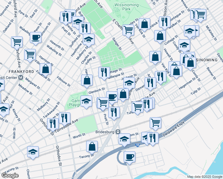 map of restaurants, bars, coffee shops, grocery stores, and more near 5215 Glenloch Street in Philadelphia