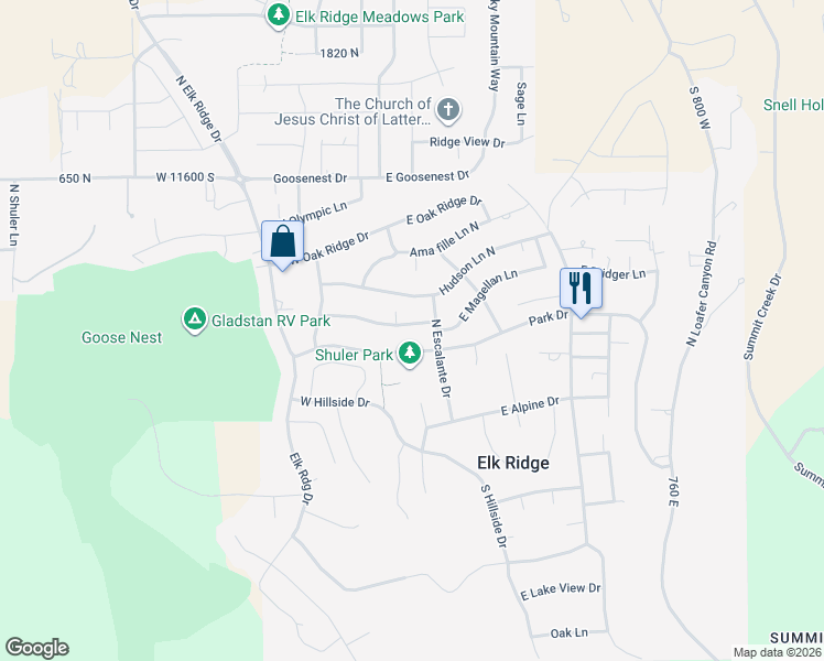 map of restaurants, bars, coffee shops, grocery stores, and more near 86 West Magellan Lane in Elk Ridge