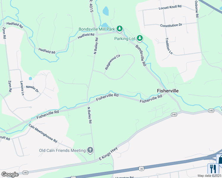 map of restaurants, bars, coffee shops, grocery stores, and more near 3109 Fisherville Road in Coatesville