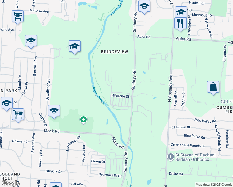 map of restaurants, bars, coffee shops, grocery stores, and more near 2804 Hillstone Street in Columbus