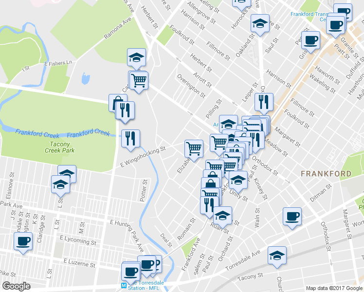 map of restaurants, bars, coffee shops, grocery stores, and more near 4427 East Wingohocking Street in Philadelphia