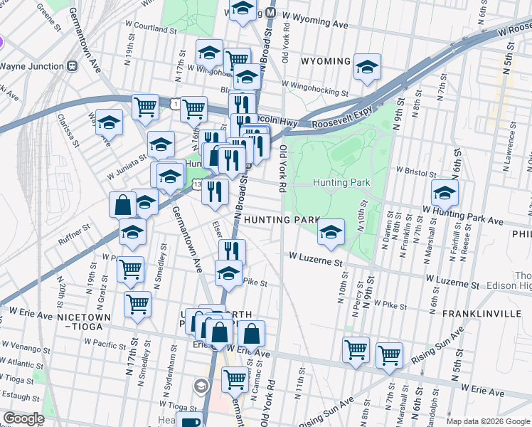 map of restaurants, bars, coffee shops, grocery stores, and more near 1341 Colwyn Street in Philadelphia