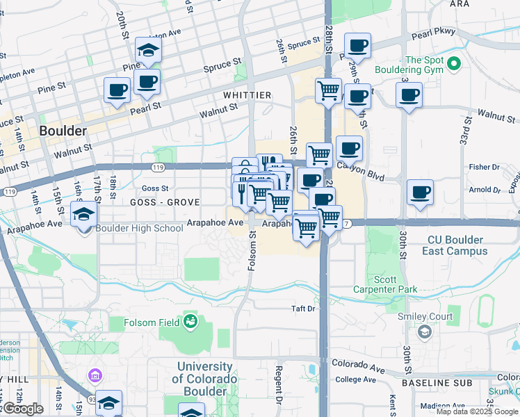 map of restaurants, bars, coffee shops, grocery stores, and more near 1715 Folsom St in Boulder