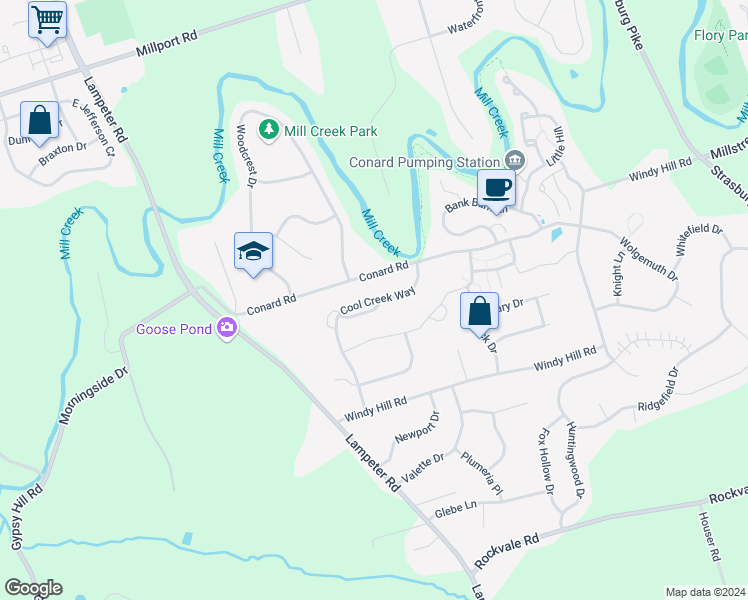 map of restaurants, bars, coffee shops, grocery stores, and more near 241 Cool Creek Way in Lancaster