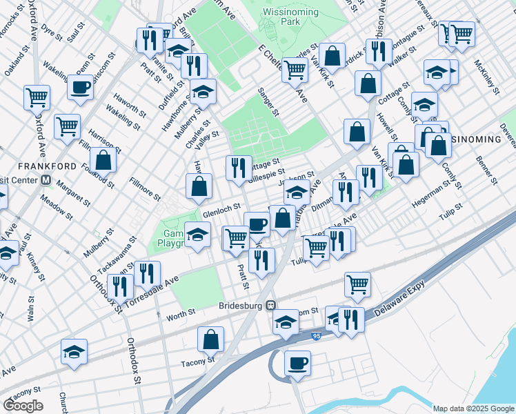 map of restaurants, bars, coffee shops, grocery stores, and more near 5219 Glenloch Street in Philadelphia