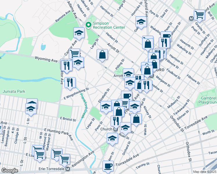 map of restaurants, bars, coffee shops, grocery stores, and more near 4440 Elizabeth Street in Philadelphia