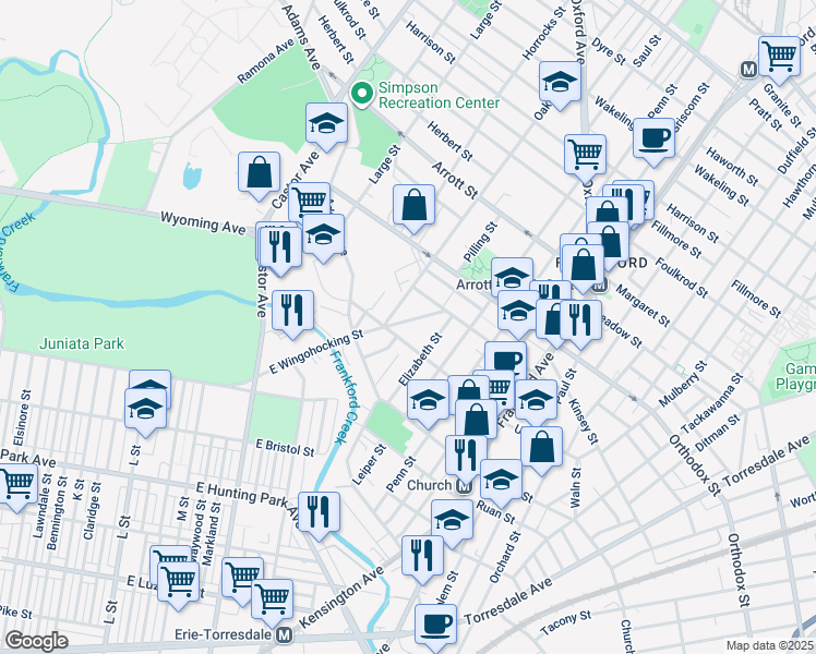map of restaurants, bars, coffee shops, grocery stores, and more near 4427 East Wingohocking Street in Philadelphia