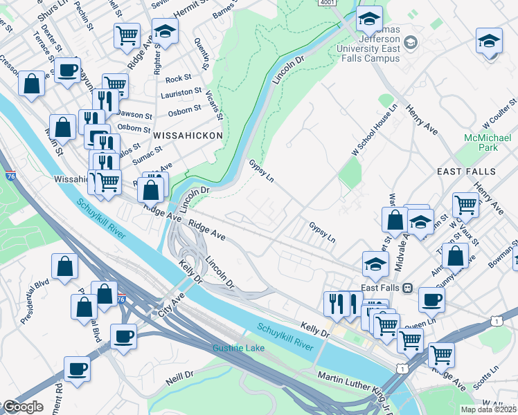 map of restaurants, bars, coffee shops, grocery stores, and more near 4000 Gypsy Lane in Philadelphia