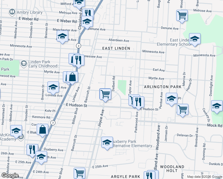 map of restaurants, bars, coffee shops, grocery stores, and more near 2337 Delbert Road in Columbus