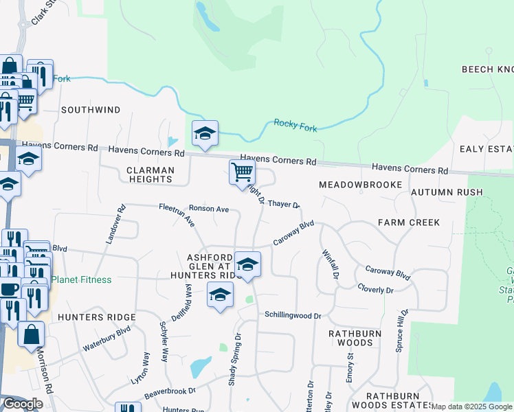 map of restaurants, bars, coffee shops, grocery stores, and more near 131 Helmbright Drive in Columbus