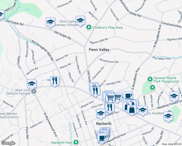 map of restaurants, bars, coffee shops, grocery stores, and more near 511 Old Gulph Road in Penn Valley