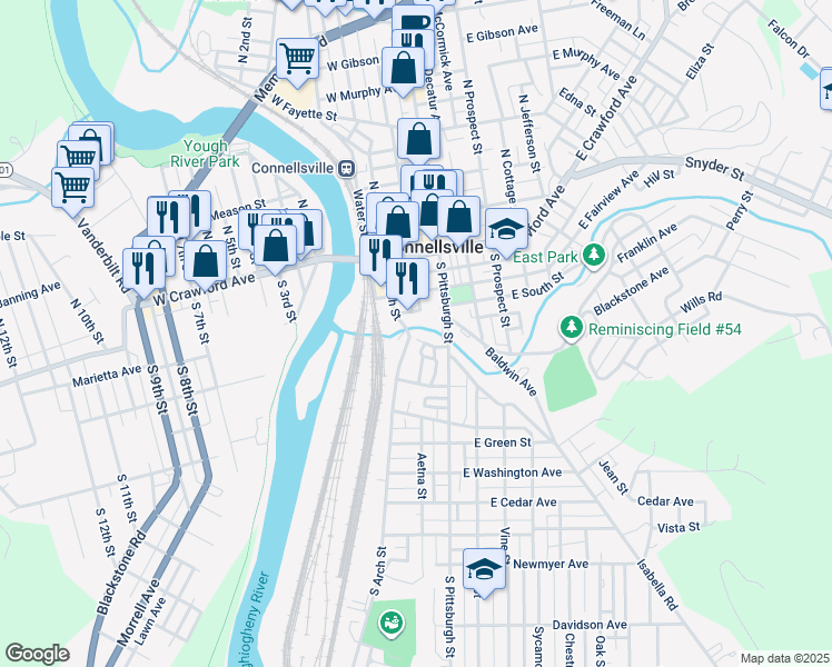 map of restaurants, bars, coffee shops, grocery stores, and more near 118 Gallatin Ave in Connellsville