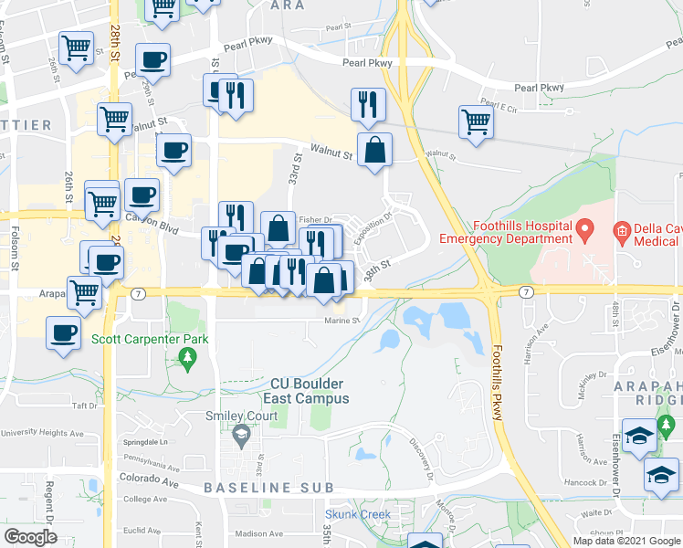 map of restaurants, bars, coffee shops, grocery stores, and more near 3601 Arapahoe Avenue in Boulder