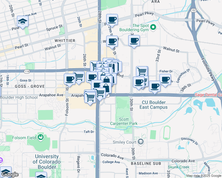 map of restaurants, bars, coffee shops, grocery stores, and more near 1601 29th Street in Boulder