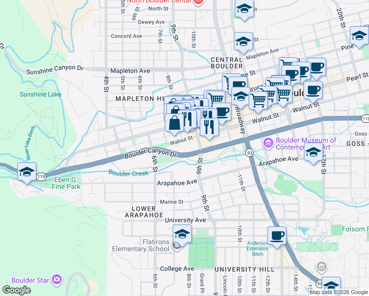 map of restaurants, bars, coffee shops, grocery stores, and more near 790 Walnut Street in Boulder