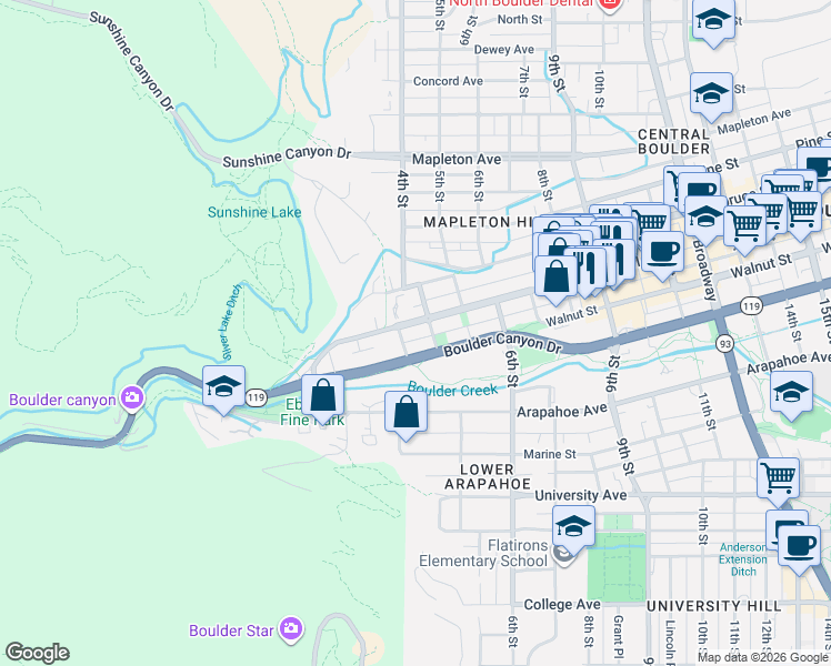 map of restaurants, bars, coffee shops, grocery stores, and more near 320 Pearl Street in Boulder