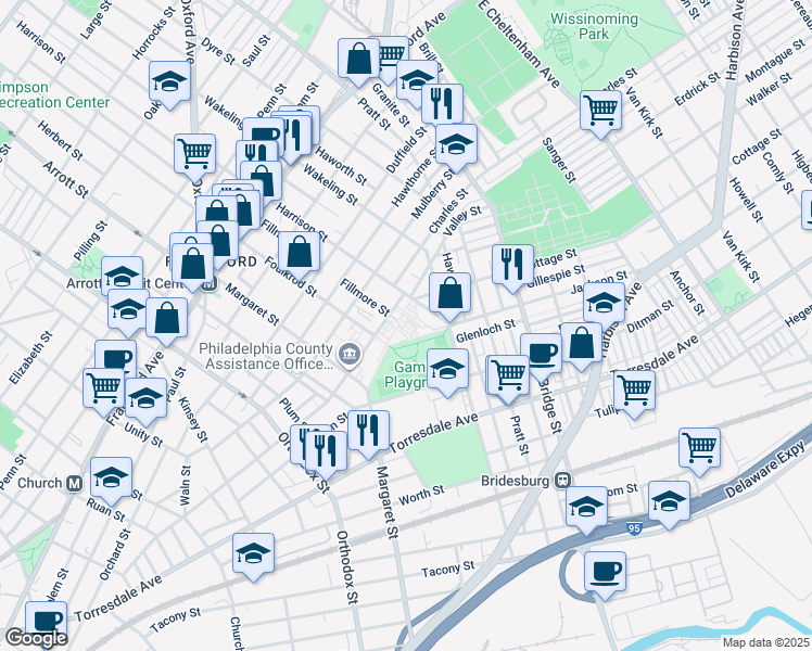 map of restaurants, bars, coffee shops, grocery stores, and more near 4835 Tackawanna Street in Philadelphia