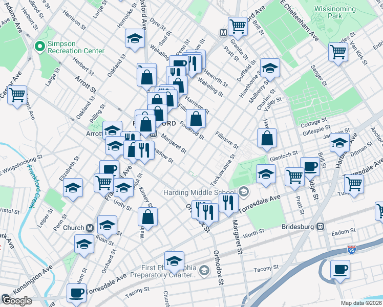 map of restaurants, bars, coffee shops, grocery stores, and more near 1695 Margaret Street in Philadelphia