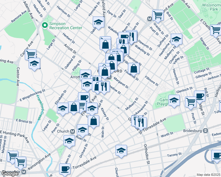 map of restaurants, bars, coffee shops, grocery stores, and more near 4652 Paul Street in Philadelphia