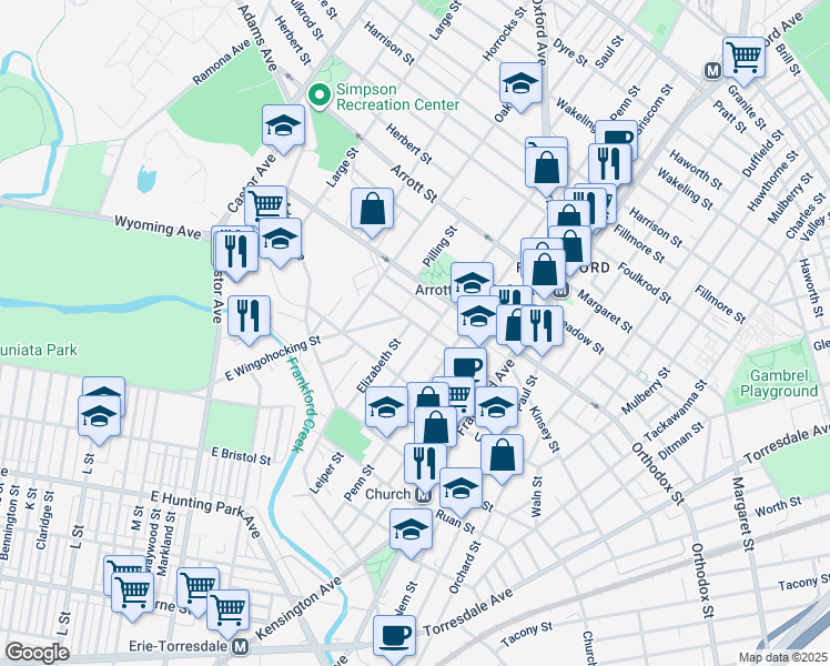 map of restaurants, bars, coffee shops, grocery stores, and more near 1352 Sellers Street in Philadelphia