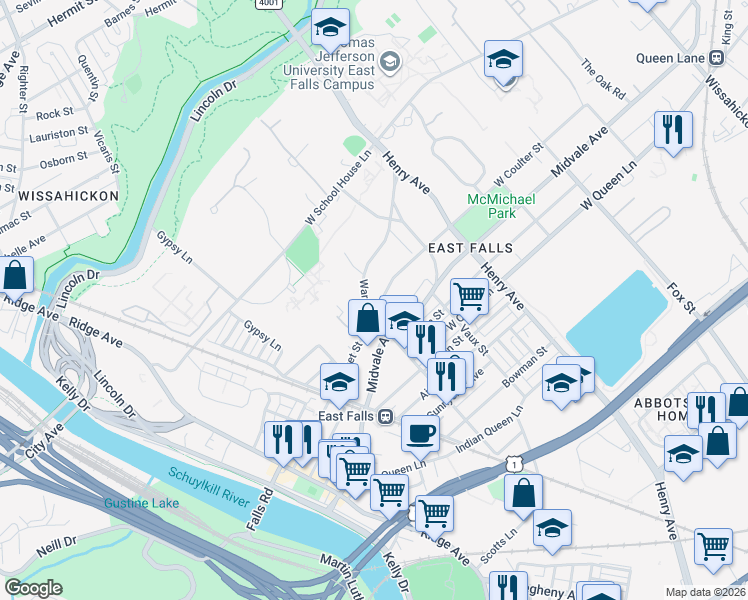 map of restaurants, bars, coffee shops, grocery stores, and more near 3425 West Coulter Street in Philadelphia