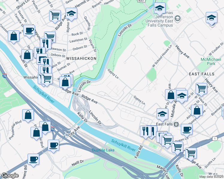 map of restaurants, bars, coffee shops, grocery stores, and more near 4000 Gypsy Lane in Philadelphia