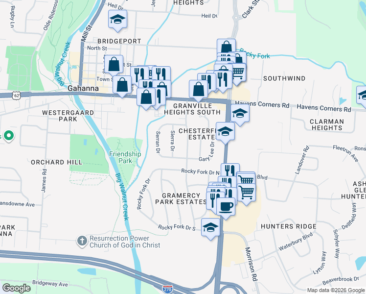 map of restaurants, bars, coffee shops, grocery stores, and more near 163 Flint Ridge Drive in Columbus