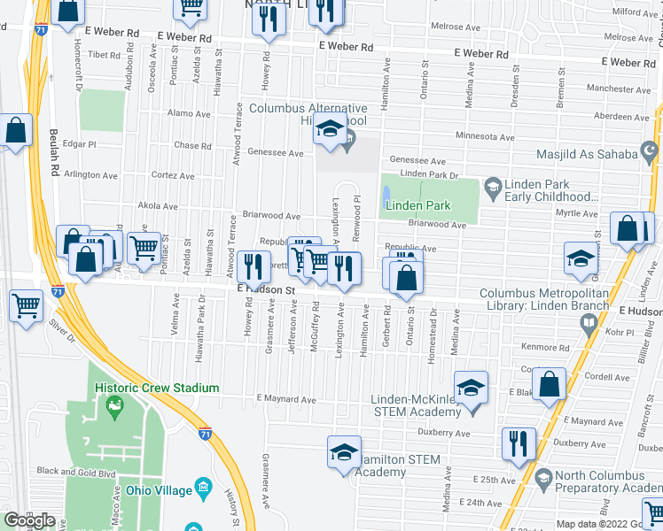 map of restaurants, bars, coffee shops, grocery stores, and more near 2438 Lexington Avenue in Columbus