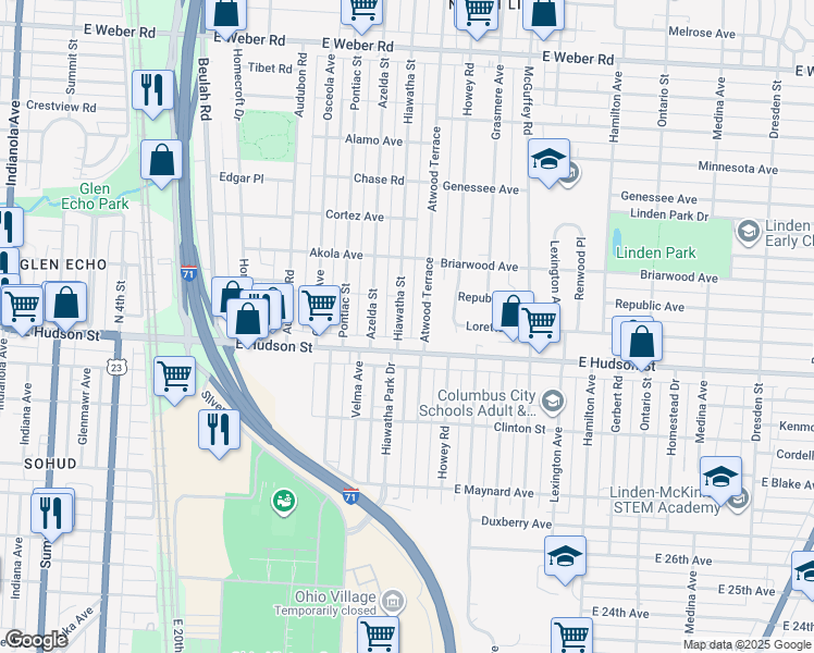 map of restaurants, bars, coffee shops, grocery stores, and more near 2465 Atwood Terrace in Columbus