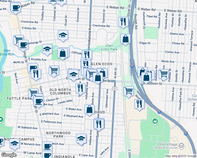 map of restaurants, bars, coffee shops, grocery stores, and more near 2546 Glen Echo Drive in Columbus