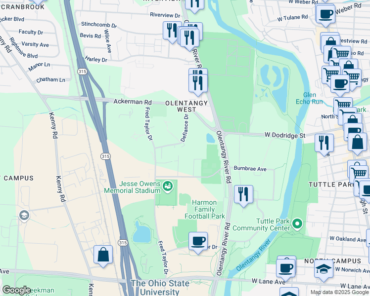map of restaurants, bars, coffee shops, grocery stores, and more near in Columbus