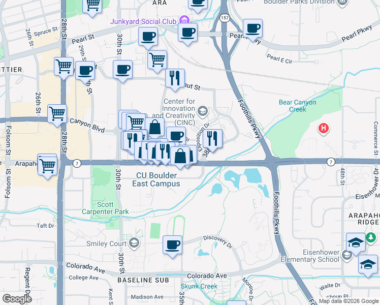map of restaurants, bars, coffee shops, grocery stores, and more near 3601 Arapahoe Avenue in Boulder