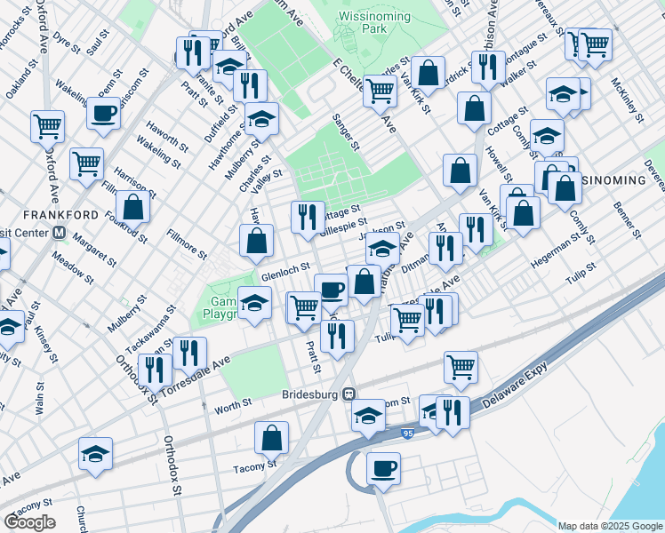 map of restaurants, bars, coffee shops, grocery stores, and more near 5219 Glenloch Street in Philadelphia