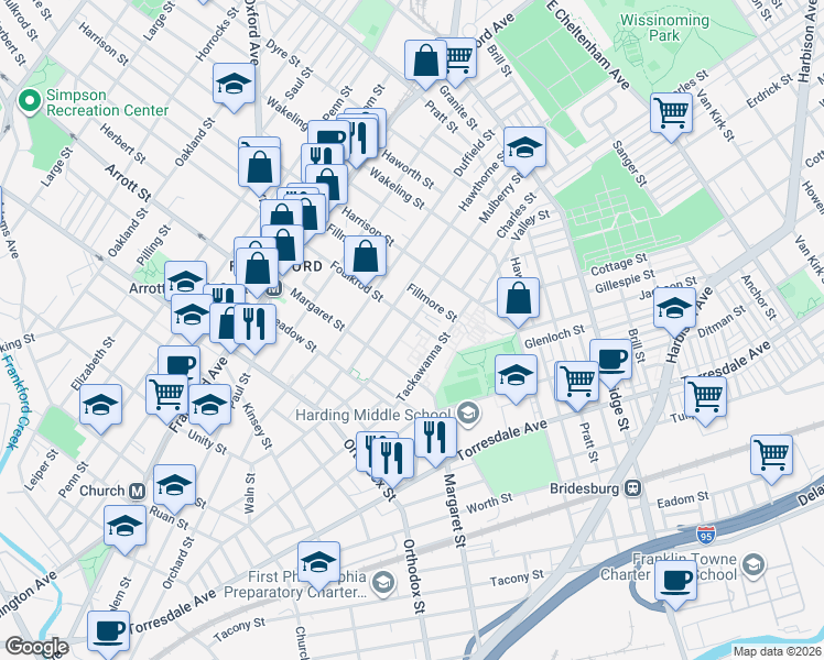 map of restaurants, bars, coffee shops, grocery stores, and more near 1813 Foulkrod Street in Philadelphia