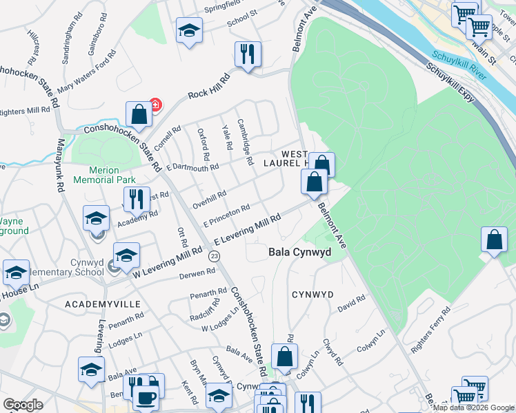 map of restaurants, bars, coffee shops, grocery stores, and more near 519 Cambridge Road in Bala Cynwyd