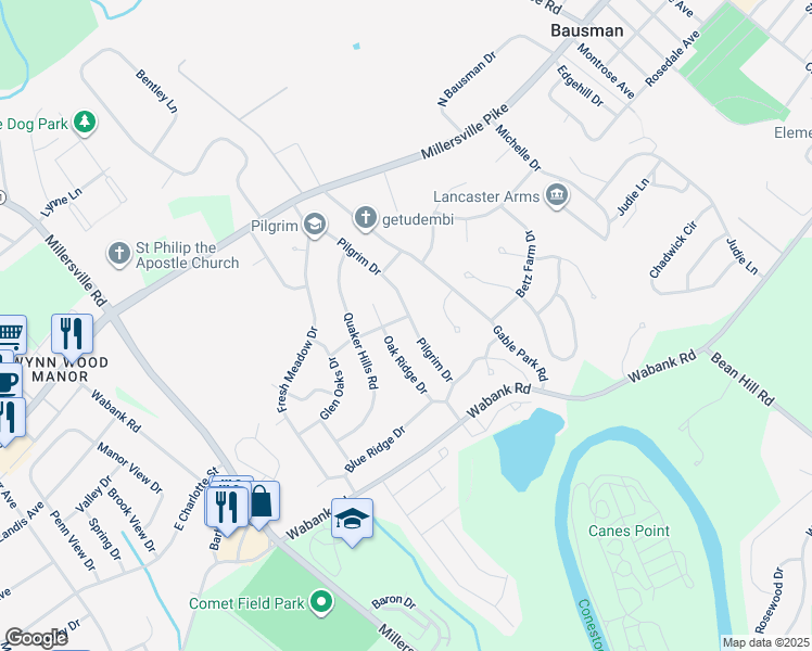 map of restaurants, bars, coffee shops, grocery stores, and more near 46 Pilgrim Drive in Lancaster