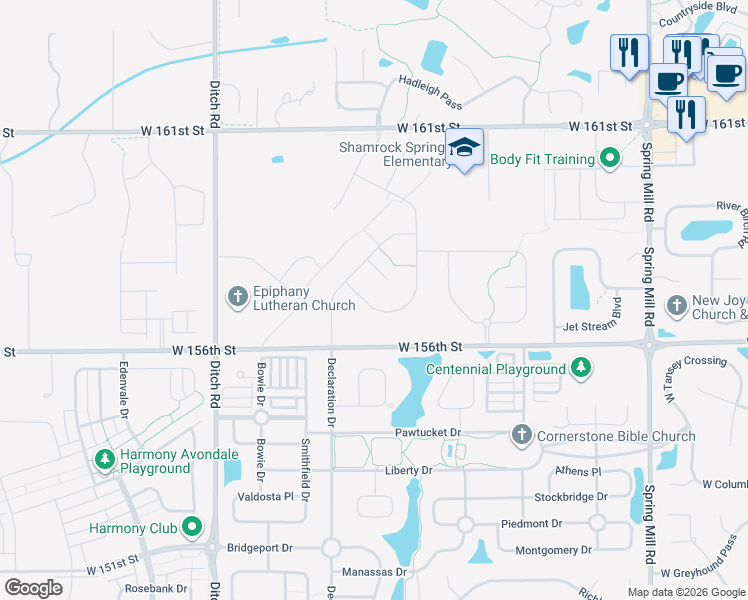 map of restaurants, bars, coffee shops, grocery stores, and more near 15732 Conductors Drive in Westfield