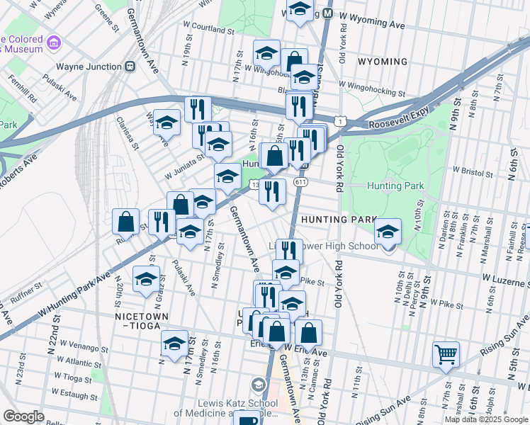 map of restaurants, bars, coffee shops, grocery stores, and more near 1427 West Lycoming Street in Philadelphia