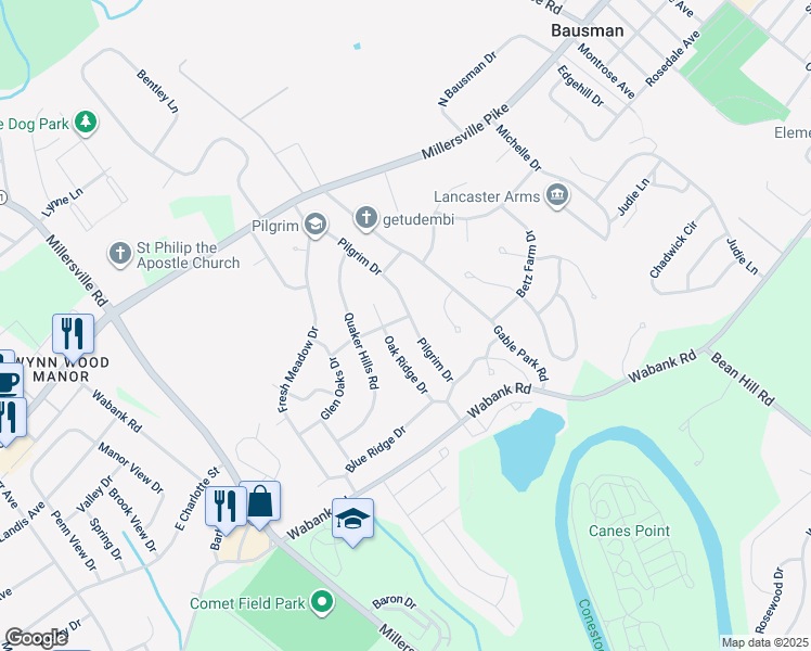 map of restaurants, bars, coffee shops, grocery stores, and more near 46 Pilgrim Drive in Lancaster