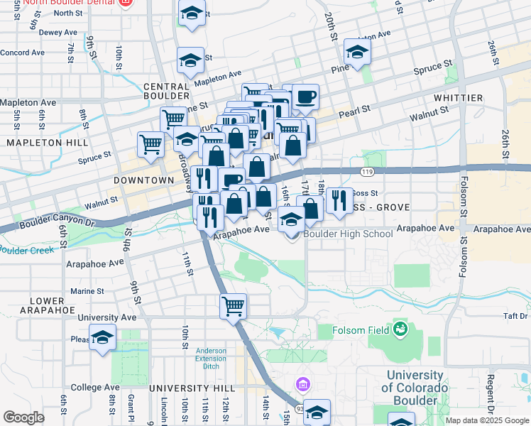 map of restaurants, bars, coffee shops, grocery stores, and more near 1511 Grove Street in Boulder