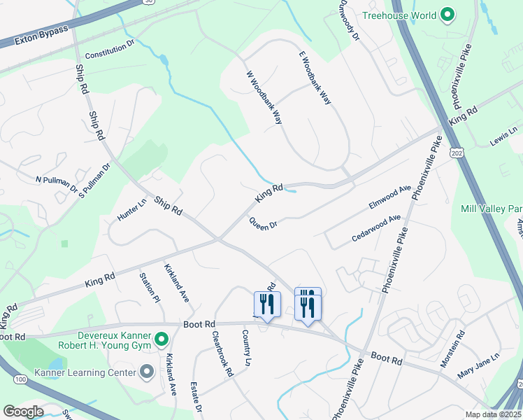 map of restaurants, bars, coffee shops, grocery stores, and more near 802 King Road in West Chester
