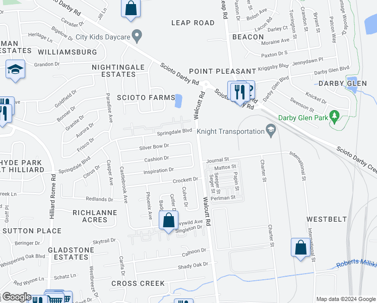 map of restaurants, bars, coffee shops, grocery stores, and more near 4900 Cashion Drive in Hilliard