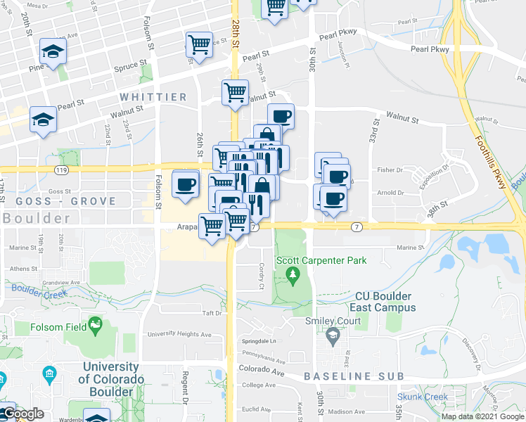 map of restaurants, bars, coffee shops, grocery stores, and more near 1601 29th Street in Boulder