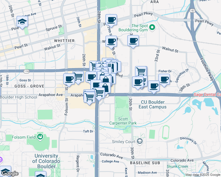 map of restaurants, bars, coffee shops, grocery stores, and more near 1601 29th Street in Boulder